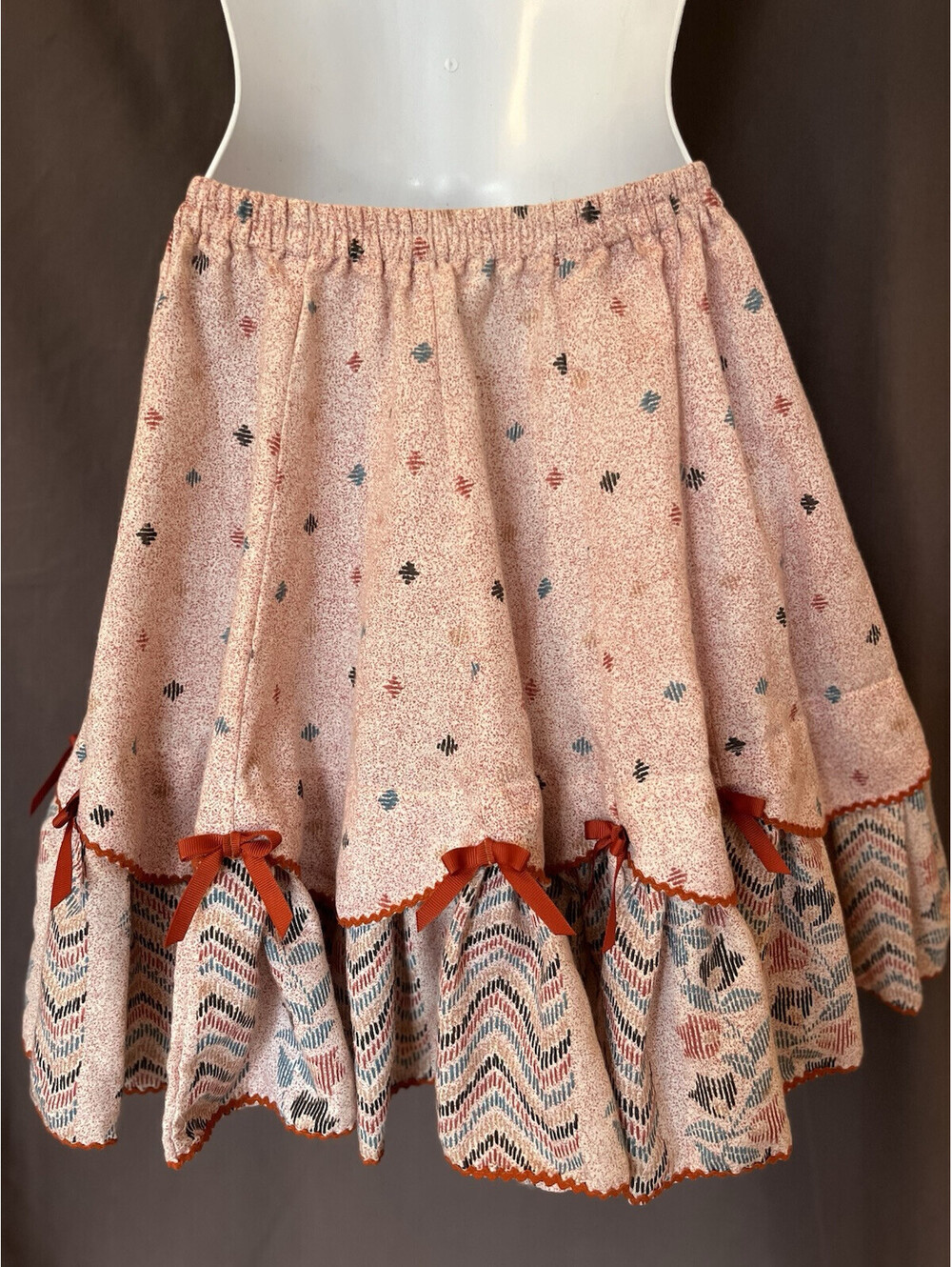 VTG Prairie Gunne Rockabilly Swing Southwest Print Bow Ruffle Circle Skirt S/P - Picture 8 of 9